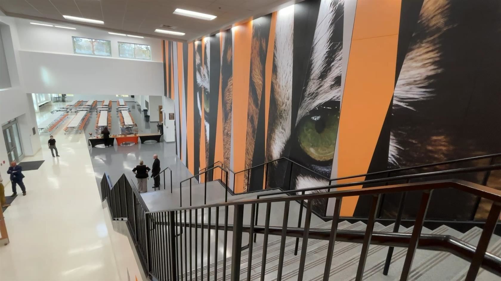 The front atrium of FVMS, featuring a mural of a bengal tiger